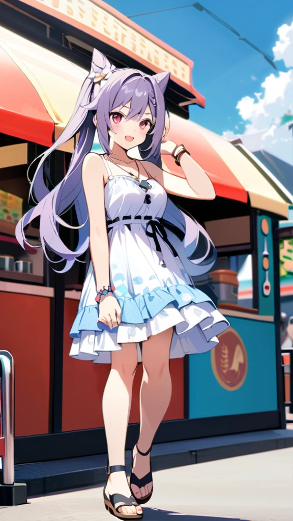 Keqing, Genshin Impact, Beautiful summer dress ,Flowy tiered sundress in a soft, feminine print, worn with strappy flat sandals, a charm bracelet, and a dainty pendant necklace for a romantic summer look. Amusement park,