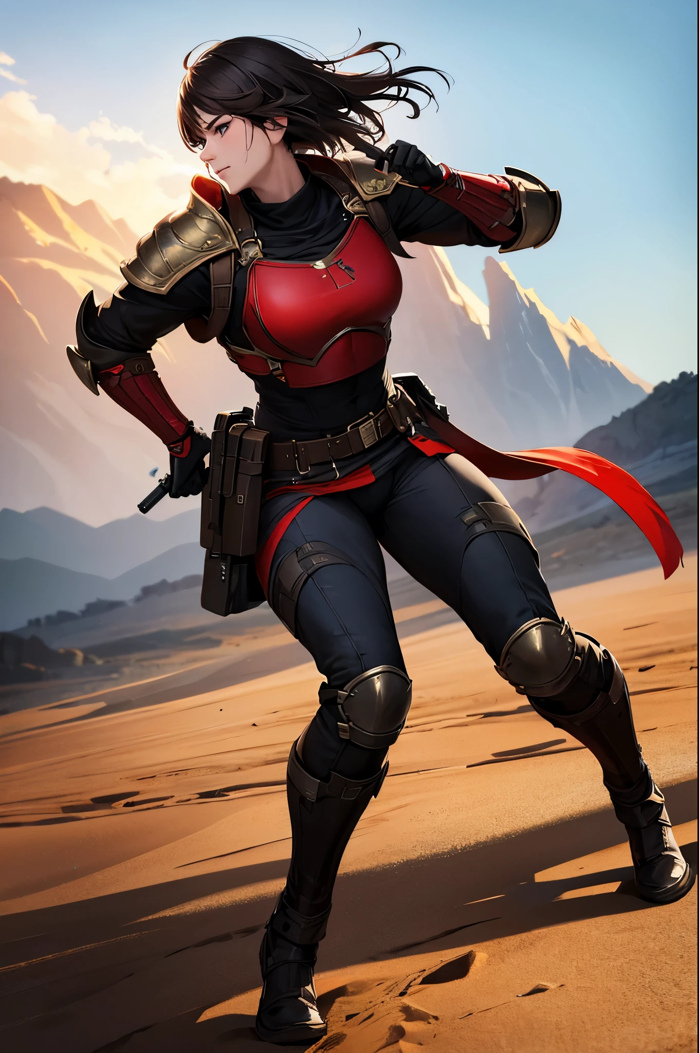 8k,Barren Land,女性adventure者の衣装,Traveling through the dusty wilderness,Light brown short hair,so beautifulな日本の女性, Red and black large chest armor,so beautiful(Like the real thing),Stainless steel and black shoulder armor for the left shoulder,red and black combat pants,sexy,DeviantArt Artstation CGScosiety, 3DレンダリングCharacter Art8 K, Alena Aenami and Artgerm, Wojtek Fass, Artstation 8k Trends, Art Station HD Trending, Ultra-realistic rendering of adventure, Perfect body with realistic shading, Photorealistic perfect body, Ultra-high resolution,high quality,sexy,Brown short hair,Strongly defined abdominal muscles,Muscular and slim body,Muscular and lean lower body,close,masterpiece,最high qualityのフォトリアリスティックなRAW写真。Bright colors,Rich colors, Backlight, Cinema Lighting, Film Grain, to be born, 50mm lens, Nikon D850,Realistic Skin,Fantasy art,Character Art,Sharp Eyes,adventure,He has a long and big Japanese sword.,brown combat jacket,red and black gauntlets,Battle Scenes,Dynamic pose,Action pose,shout,