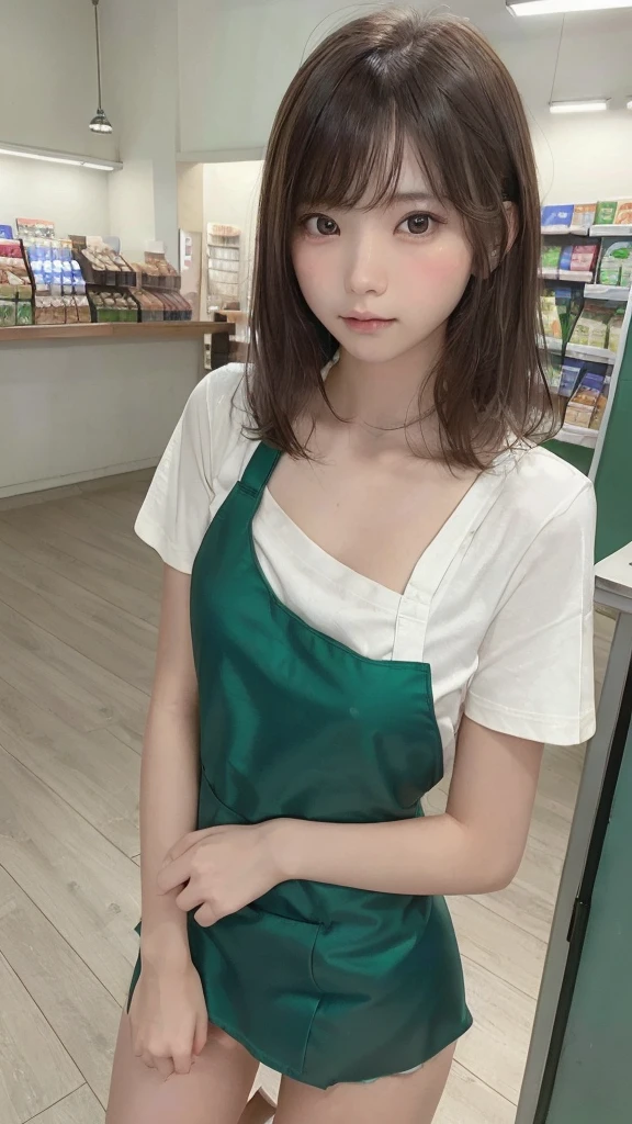 one girl, (a beauty girl, delicate girl:1.3), (15 years old, :1.3),
break, (shirt, Green apron, family mart:1.3), panties,
break, Extremely fine grain resolution, (Symmetrical eyes:1.3),
break, (Inside a convenience store:1.3), perfectly trimmed fingers,
break, Small breasts, Brown eyes, Parted bangs, brown hair,  girl,
break, (Eye and facial details:1.0),
break, (masterpiece, highest quality, Ultra-detailed, Detailed face, 8K)