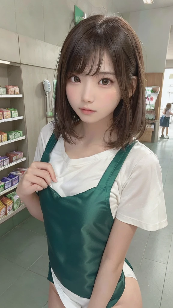 one girl, (a beauty girl, delicate girl:1.3), (15 years old, :1.3),
break, (shirt, Green apron, family mart:1.3), panties,
break, Extremely fine grain resolution, (Symmetrical eyes:1.3),
break, (Inside a convenience store:1.3), perfectly trimmed fingers,
break, Small breasts, Brown eyes, Parted bangs, brown hair,  girl,
break, (Eye and facial details:1.0),
break, (masterpiece, highest quality, Ultra-detailed, Detailed face, 8K)
