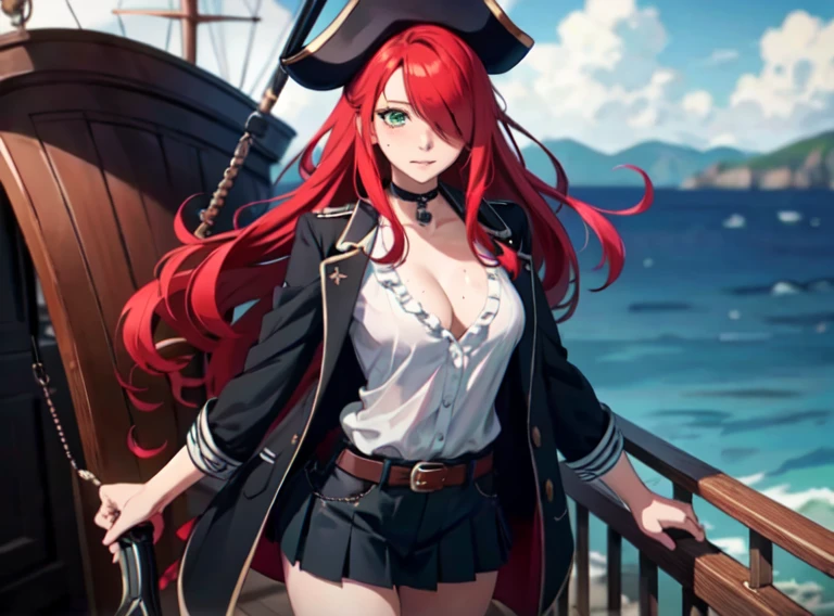 ((masterpiece, best quality, high resolution, UHD, pixel perfect, depth of field, 8k, RTX, HDR)), 1 girl, girl stile anime, cowboy shot, BREAK, very long hair, curly hair red hair, lock of hair covering one eye, green eyes, well defined eyes, high definition eyes, eyelashes and black shadow under the eyes, high gloss eyes, looking at the viewer, tricorn with a feather cap, pirate clothes, wearing pirate gun belt, wearing a red pleated miniskirt, miniskirt fluttering in the wind, black panties, wearing a white t-shirt, with a pronounced neckline, with tatto of skull in the arm, BREAK, oily skin, with a lot of sweat on the body, perfect anatomy, cleavage, neckline, big teats 1.5, small shark tattoo on the chest, ((wearing one patch in the eye)), blouse with white ruffles, with a neckline, with black boots, up to the knees, BREAK, wearing a black choker, standing facing viewer, holding a pirate sword, ((with a sword in his hand)), on a pirate ship with the sea in the background. 