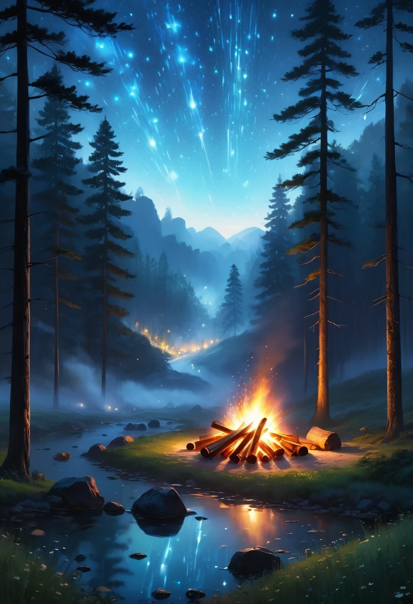 landscape, summer, night, forest, Bonfire in one place, unmanned, unmanned, Starry Sky, High definition details, Ultra Detailed, Movie, Surrealism, Soft Light, deep focus bokeh, Ray Tracing, Surrealism. , Art Station Pixiv Gees, author:Xin Haicheng, Art sprouts