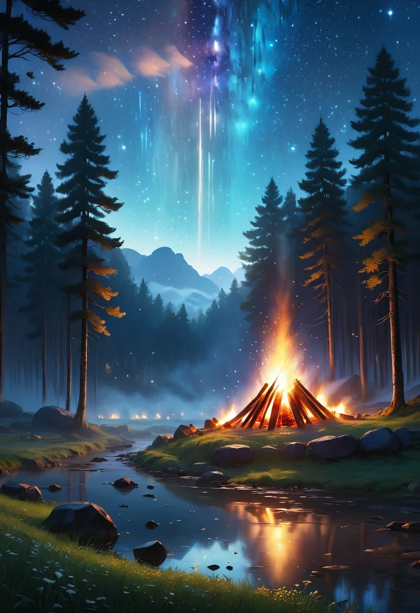landscape, summer, night, forest, Bonfire in one place, unmanned, unmanned, Starry Sky, High definition details, Ultra Detailed, Movie, Surrealism, Soft Light, deep focus bokeh, Ray Tracing, Surrealism. , Art Station Pixiv Gees, author:Xin Haicheng, Art sprouts