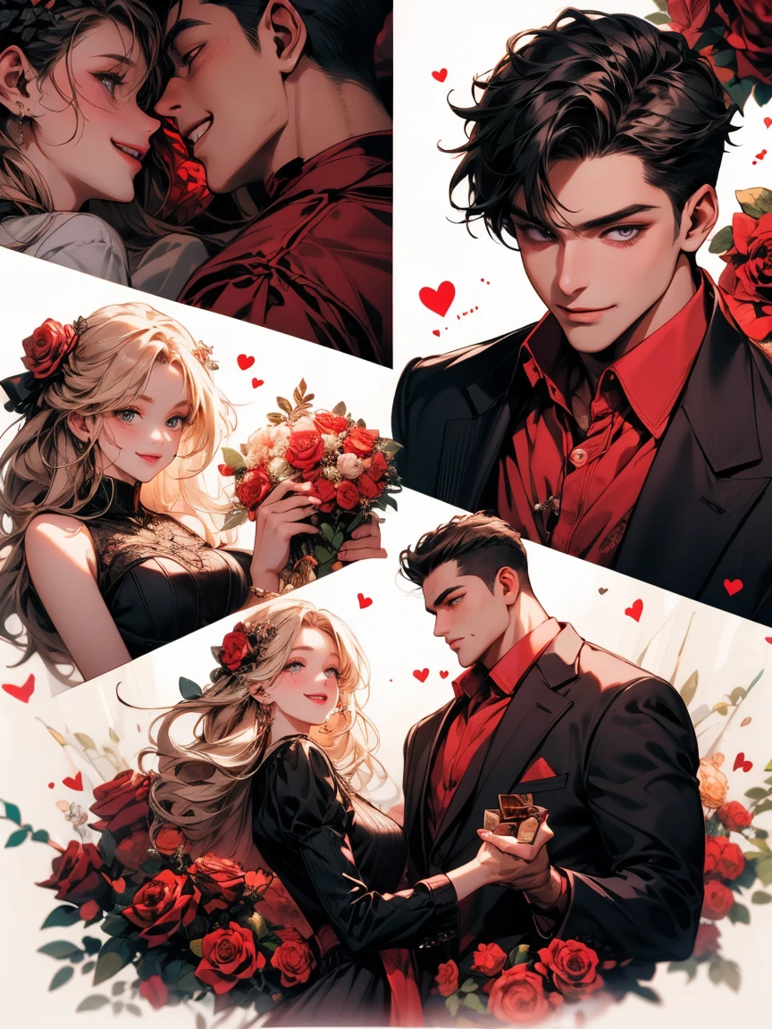masterpiece, collage of couple, 1 guy, 1 woman, valentine, happy, smile, chocolate, roses, hearts