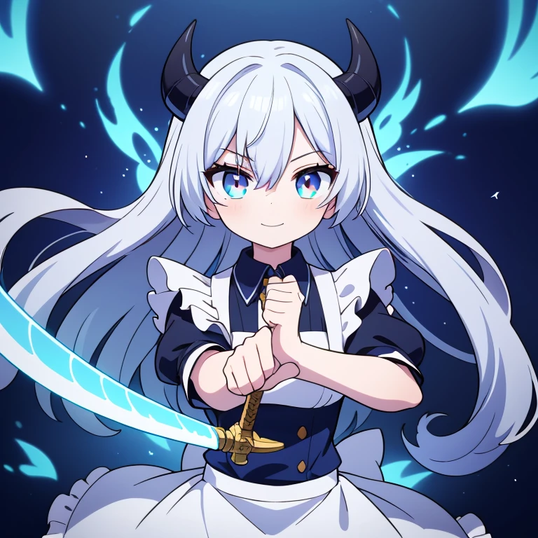 masterpiece,best quality,ultra detailed,4K,super fine illustration,highly detailed beautiful face and eyes,cyan color scheme, lighting,fantasy,extremely solemn atmosphere,(traditional maid collared shirt:1.3),long skirt,glowing eyes,long hair,hairs between eyes, crossed bangs,smirk,fighting stance,dynamic pose,(holding glowing sword:1.3),particle light,luminescence,plasma,electric current,blue flame,sense of depth,dynamic angle, 1girl, Smile, Devil's Horns, Devil's Wings,