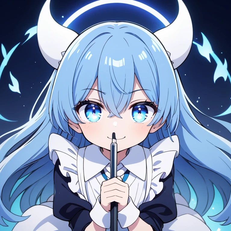 masterpiece,best quality,ultra detailed,4K,super fine illustration,highly detailed beautiful face and eyes,cyan color scheme, lighting,fantasy,extremely solemn atmosphere,(traditional maid collared shirt:1.3),long skirt,glowing eyes,long hair,hairs between eyes, crossed bangs,smirk,fighting stance,dynamic pose,(holding glowing sword:1.3),particle light,luminescence,plasma,electric current,blue flame,sense of depth,dynamic angle, 1girl, Smile, Devil's Horns, Devil's Wings,