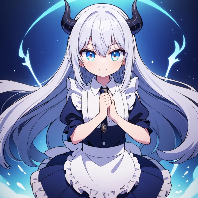masterpiece,best quality,ultra detailed,4K,super fine illustration,highly detailed beautiful face and eyes,cyan color scheme, lighting,fantasy,extremely solemn atmosphere,(traditional maid collared shirt:1.3),long skirt,glowing eyes,long hair,hairs between eyes, crossed bangs,smirk,fighting stance,dynamic pose,(holding glowing sword:1.3),particle light,luminescence,plasma,electric current,blue flame,sense of depth,dynamic angle, 1girl, Smile, Devil's Horns, Devil's Wings,