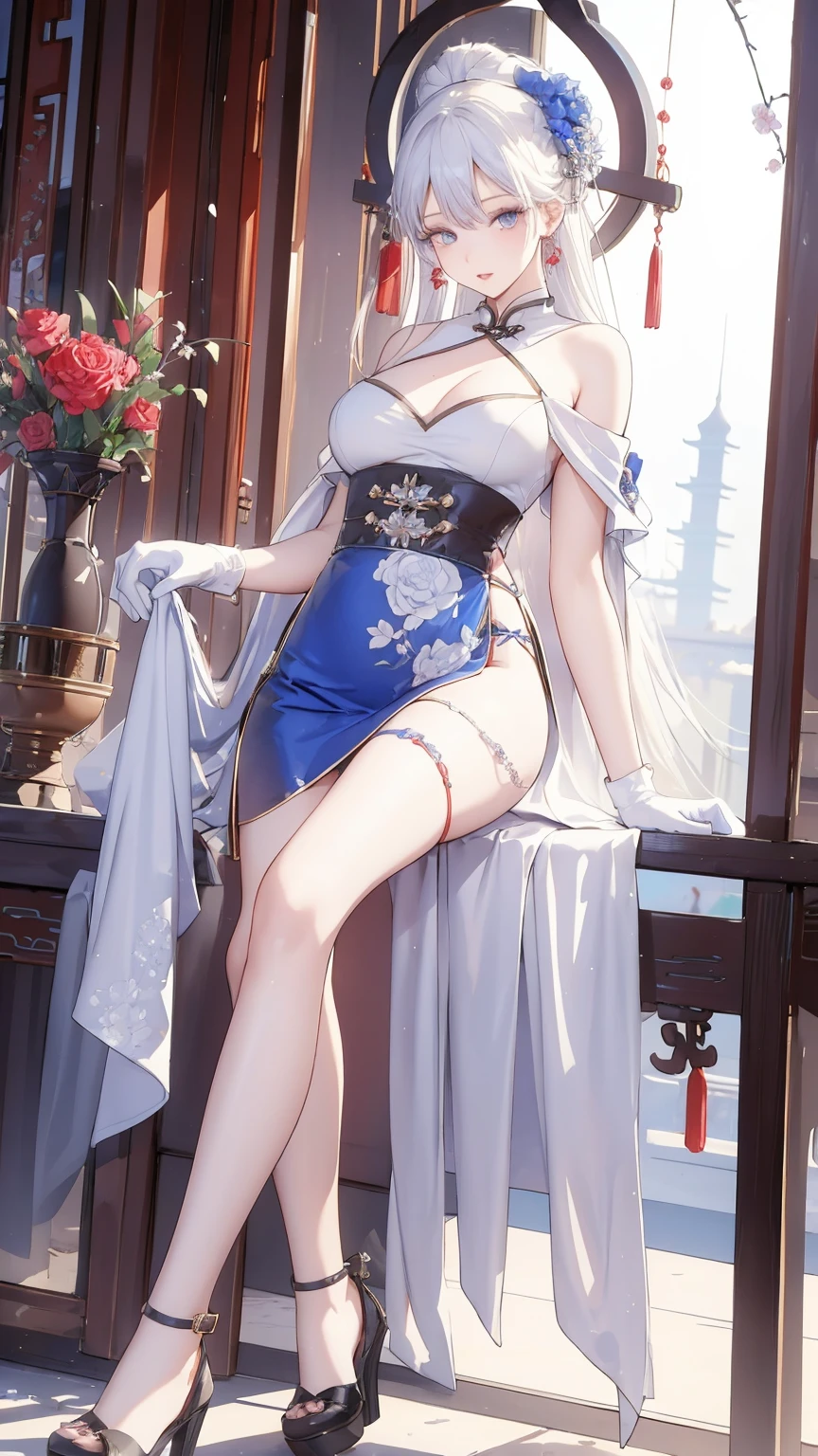 a close up of a woman in a white dress sitting on a chair, gorgeous chinese models, Smooth translucent white skin, Japanese goddess, smooth white tight clothes suit, trending at cgstation, cute elegant pose, Chinese girl, trending on cgstation, seductive anime girls, Milky white skin, Sexy pose, pale milky white porcelain skin, Korean girl, Anime girl cosplay,transparent costume,The chest is large,Very large breasts