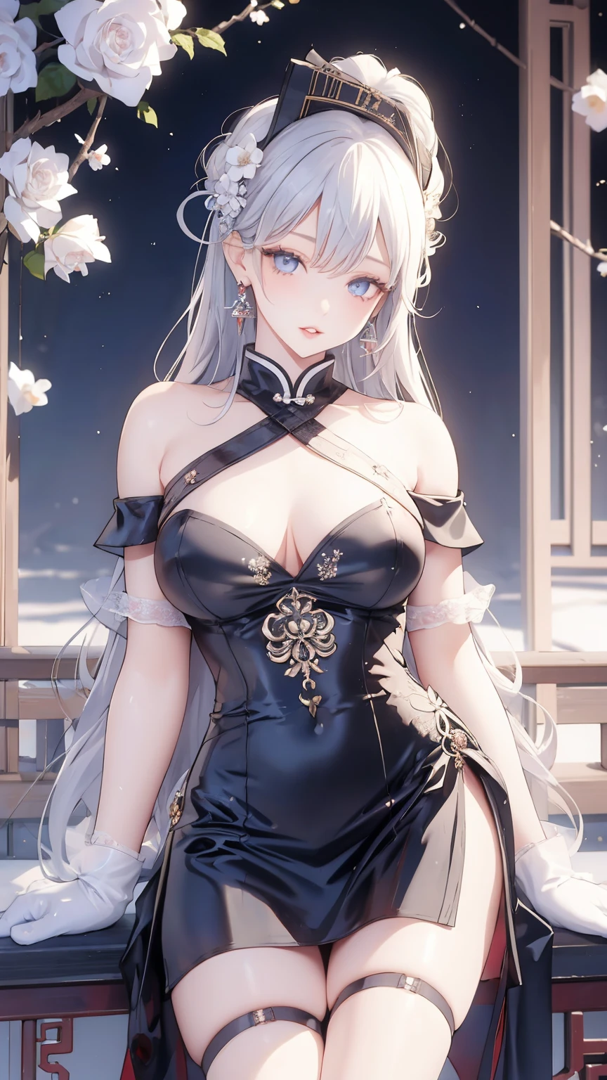 1 girl, (style: 1.5), Bangs, Lips, skirt, Long hair, blue eyes, High Thigh, Off-shoulder, style Chinese skirt, China costume, Lipstick, Practical, Rose, jewelry, earrings, curls, flower holding, Gloves, elbow Gloves, white Gloves, cosmetic, White thighs, white hair, flower, permanent,