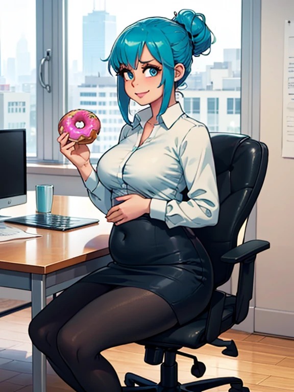 art by kipteitei, 1girl, (aqua blue hair), hair up, blue eyes, black pencil skirt, dress shirt, (black tights), happy expression, (skinny), [stuffed belly], (holding donut), sitting in office chair, leaning back in chair, fancy office background with lots of windows, (best quality, masterpiece)

