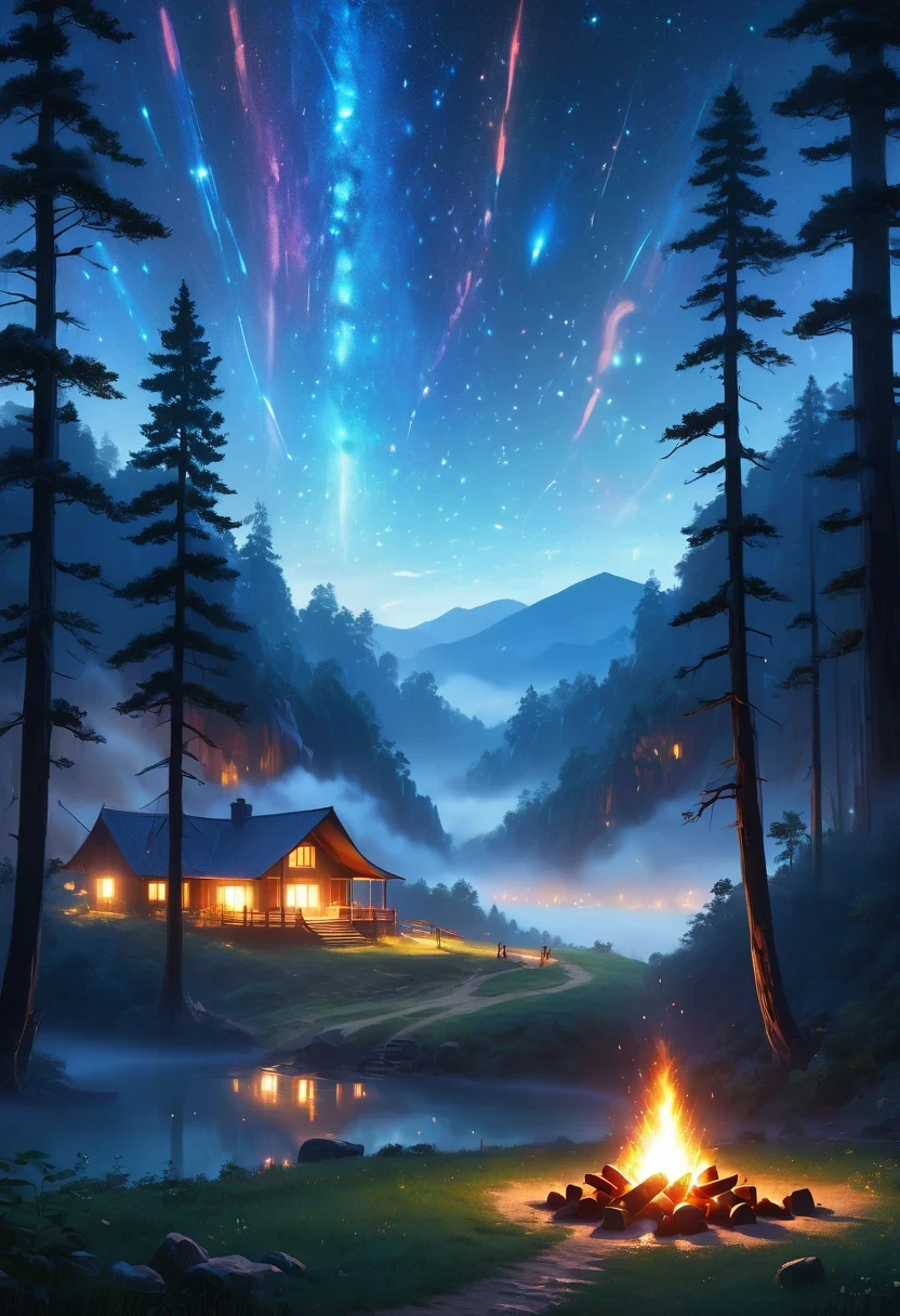 landscape, summer, night, forest, Bonfire in one place, unmanned, unmanned, Starry Sky, High definition details, Ultra Detailed, Movie, Surrealism, Soft Light, deep focus bokeh, Ray Tracing, Surrealism. , Art Station Pixiv Gees, author:Xin Haicheng, Art sprouts