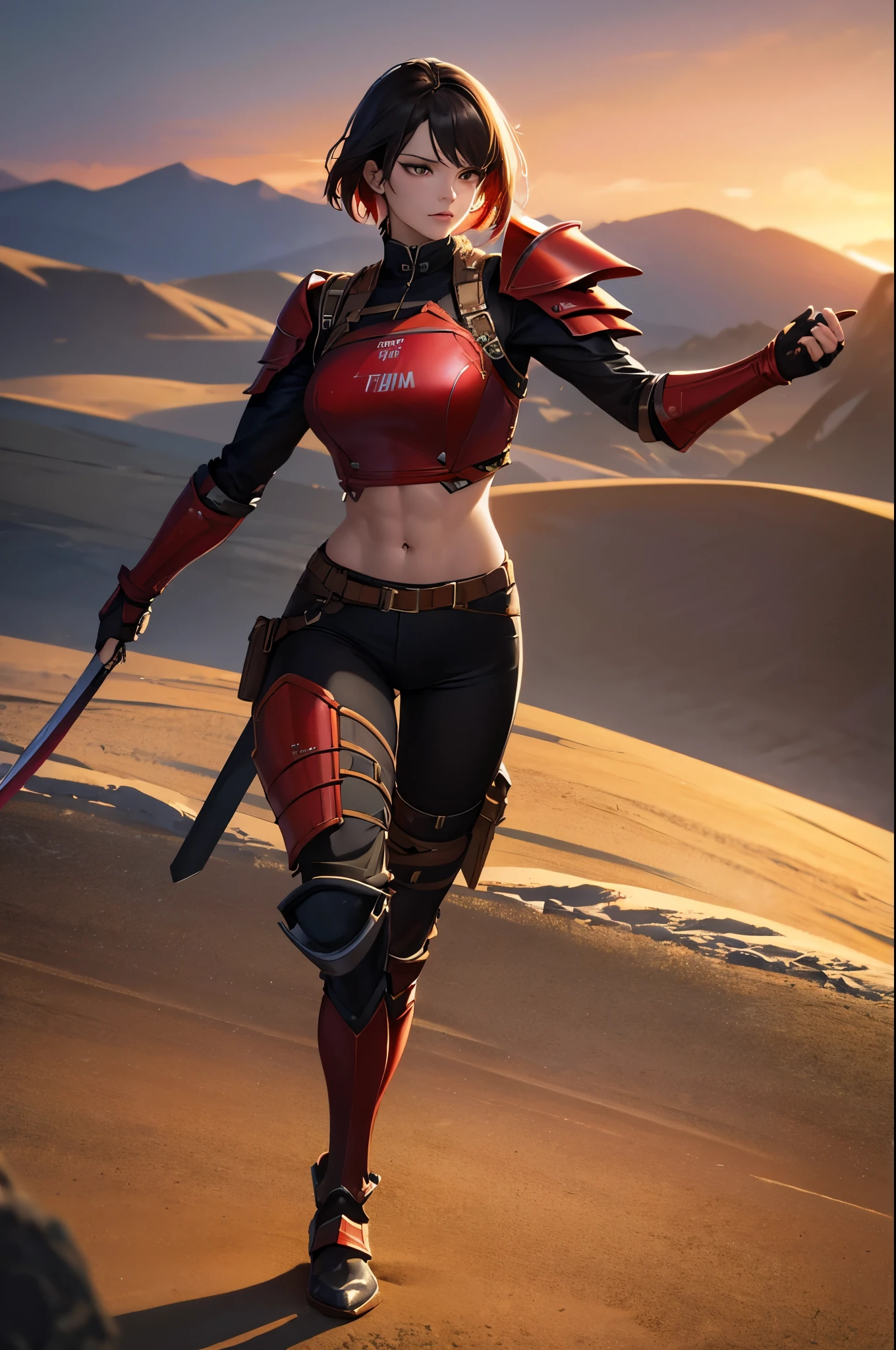 8k,Barren Land,女性adventure者の衣装,Traveling through the dusty wilderness,Light brown short hair,so beautifulな日本の女性, Red and black large chest armor,so beautiful(Like the real thing),Stainless steel and black shoulder armor for the left shoulder,red and black combat pants,sexy,DeviantArt Artstation CGScosiety, 3DレンダリングCharacter Art8 K, Alena Aenami and Artgerm, Wojtek Fass, Artstation 8k Trends, Art Station HD Trending, Ultra-realistic rendering of adventure, Perfect body with realistic shading, Photorealistic perfect body, Ultra-high resolution,high quality,sexy,Brown short hair,Strongly defined abdominal muscles,Muscular and slim body,Muscular and lean lower body,close,masterpiece,最high qualityのフォトリアリスティックなRAW写真。Bright colors,Rich colors, Backlight, Cinema Lighting, Film Grain, to be born, 50mm lens, Nikon D850,Realistic Skin,Fantasy art,Character Art,Sharp Eyes,adventure,He has a long and big Japanese sword.,brown combat jacket,red and black gauntlets,Battle Scenes,Dynamic pose,Action pose,shout,