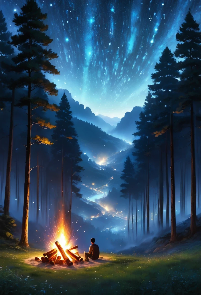 landscape, summer, night, forest, Bonfire in one place, unmanned, unmanned, Starry Sky, High definition details, Ultra Detailed, Movie, Surrealism, Soft Light, deep focus bokeh, Ray Tracing, Surrealism. , Art Station Pixiv Gees, author:Xin Haicheng, Art sprouts