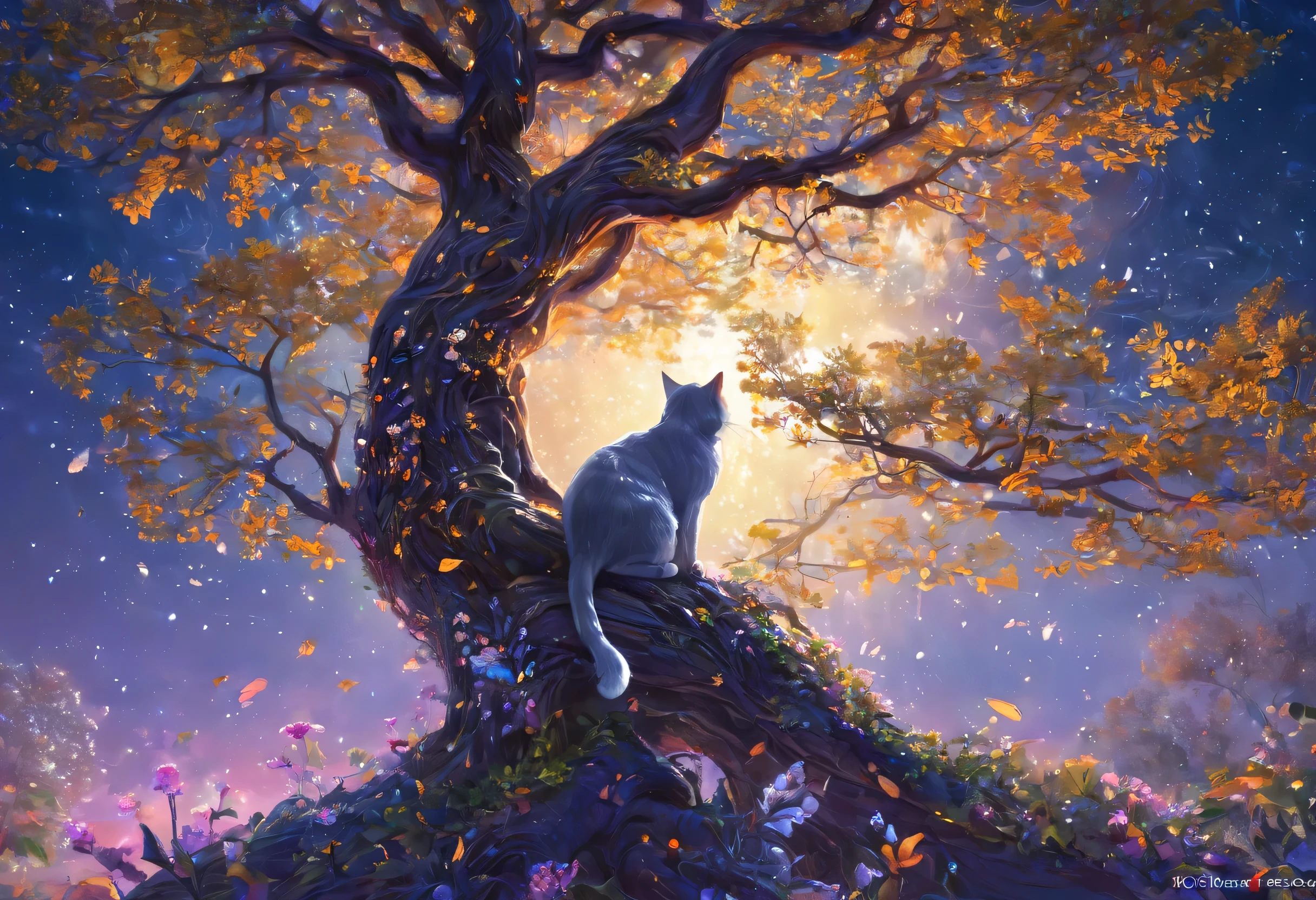 Cat 、girl 、night ,A picture of a tree with a white bird and a cat in the middle, Magic Tree, Fantasy Tree, Magic Tree, Beautiful artwork illustration, very Beautiful digital art, Background artwork, Beautiful digital painting, by ヤン・J, Beautiful digital illustrations, Beautiful digital artwork, Dreamy digital painting, Beautiful digital art, world Tree, tree of life, Fantasy art style