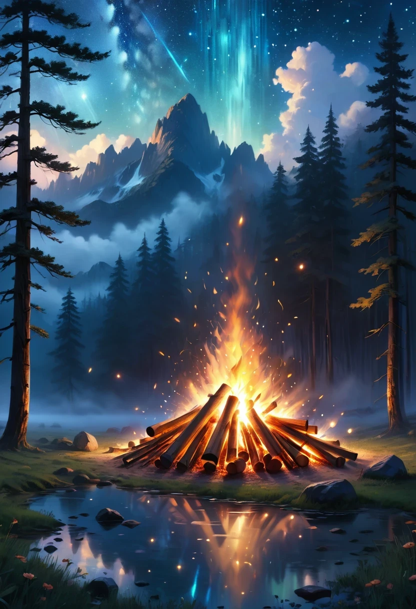 landscape, summer, night, forest, Bonfire in one place, unmanned, unmanned, Starry Sky, High definition details, Ultra Detailed, Movie, Surrealism, Soft Light, deep focus bokeh, Ray Tracing, Surrealism. , Art Station Pixiv Gees, author:Xin Haicheng, Art sprouts