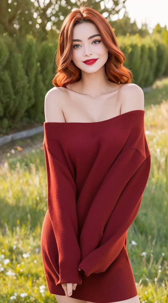 Generate hyper realistic image of a woman with flowing, long hair framing her face, her blue eyes locking onto the viewer with a gentle smile. Clad in an off-shoulder brown sweater dress, Her striking red hair, immersed in the serenity of nature, posing effortlessly for a photograph. Her dark eyebrows add definition to her features, while her red lips stand out against her pale complexion,