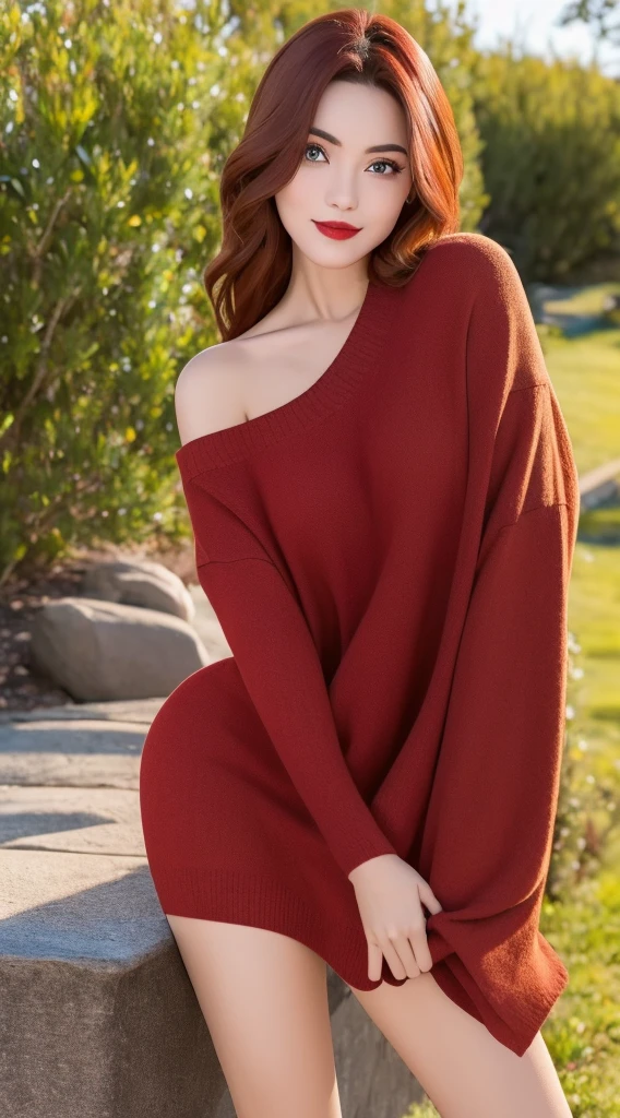 yes locking onto the viewer with a gentle smile. Clad in an off-shoulder brown sweater dress, Her striking red hair, immersed in the serenity of nature, posing effortlessly for a photograph. Her dark eyebrows add definition to her features, while her red lips stand out against her pale complexion,