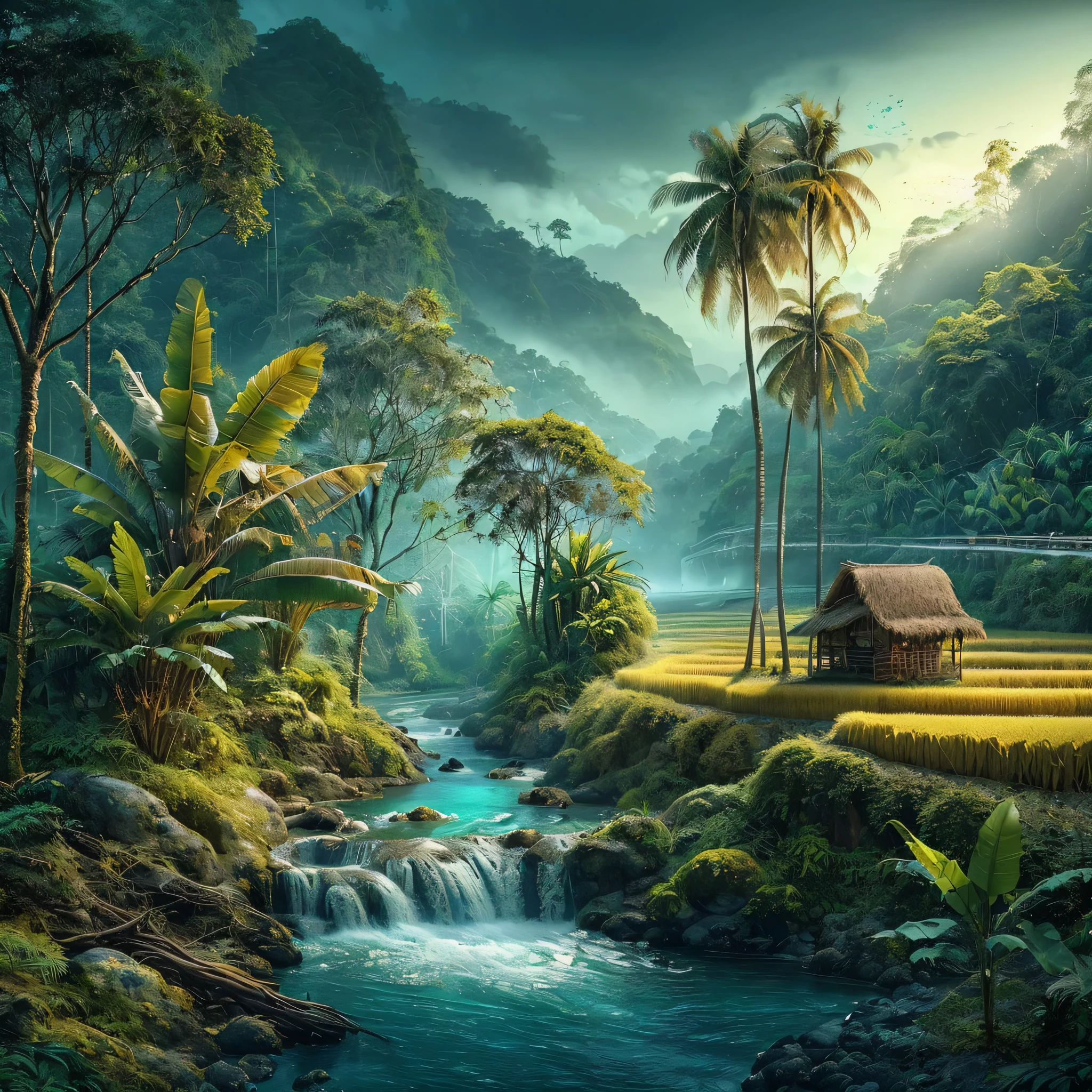 Create beautiful and enchanting hyperrealistic landscape images, coconut trees on the river bank, banana trees with partially dry leaves, fern trees. small waterfall flowing with clear blue water, surrounded by rocks and plants, dark forest, old huts in the middle of green and yellow rice fields, similar hills in the background