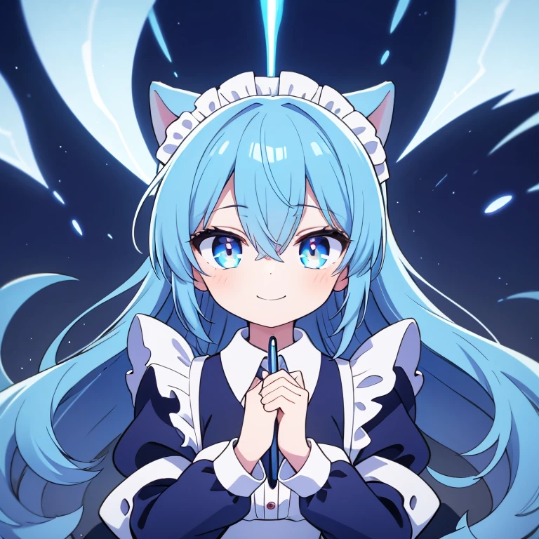 masterpiece,best quality,ultra detailed,4K,super fine illustration,highly detailed beautiful face and eyes,cyan color scheme, lighting,fantasy,extremely solemn atmosphere,(traditional maid collared shirt:1.3),long skirt,glowing eyes,long hair,hairs between eyes, crossed bangs,smirk,fighting stance,dynamic pose,(holding glowing sword:1.3),particle light,luminescence,plasma,electric current,blue flame,sense of depth,dynamic angle, 1girl, Smile,