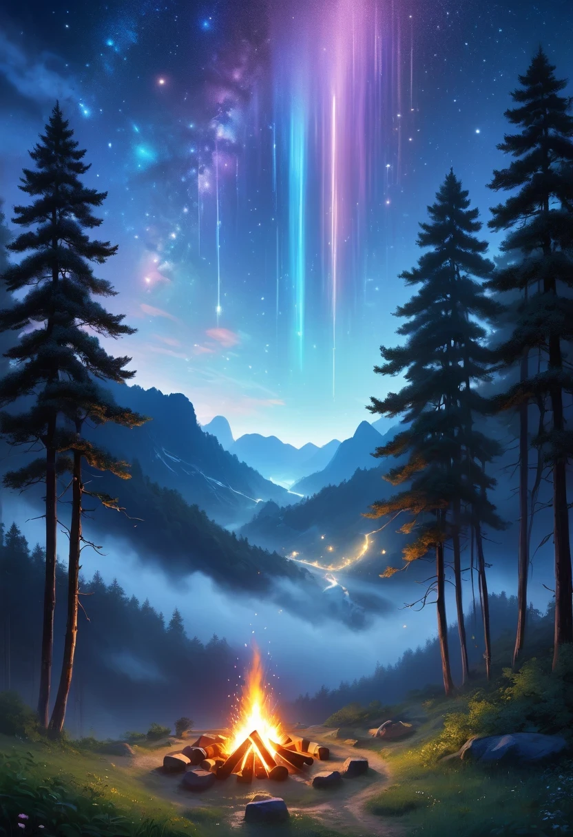 landscape, summer, night, forest, Bonfire in one place, unmanned, unmanned, Starry Sky, High definition details, Ultra Detailed, Movie, Surrealism, Soft Light, deep focus bokeh, Ray Tracing, Surrealism. , Art Station Pixiv Gees, author：Xin Haicheng, Art sprouts