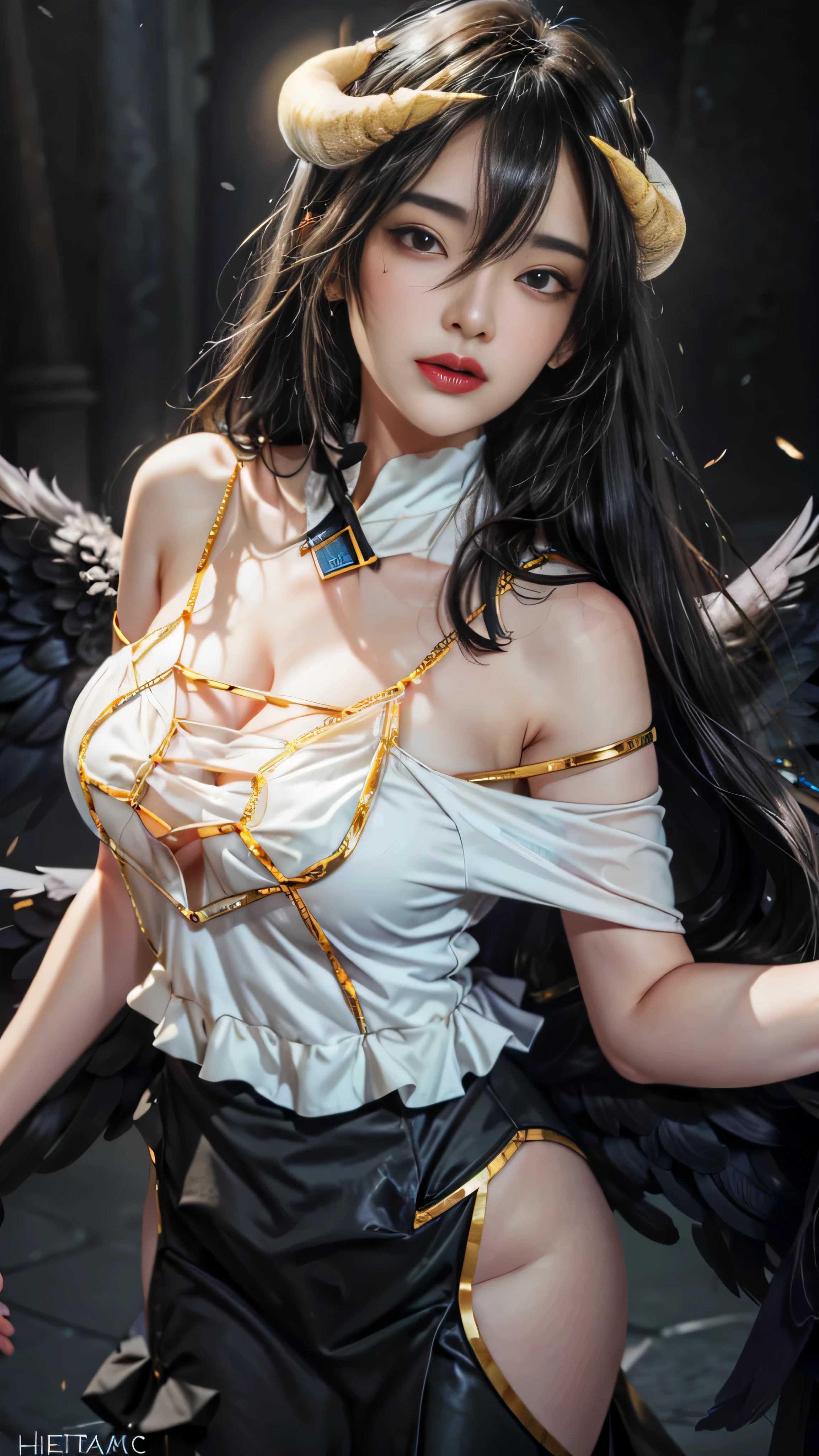 Masterpiece, Best quality, Ultra-detailed, illustration, epic lighting, Cinematic composition, isometry,(hexagons:1.2), 1girll, Horns, Solo, Yellow eyes, Black hair, Long hair, (Low wing:1.2), Large cleavage, Bare shoulders, hair between eye, Medium breasts, (White dress:1.1), Golden decoration, Detached collar, view the viewer, Semi-closed Eyes, (view the viewer:1.1), parted lip, Blush, Black feathers fall, Arena, particle fx, (8K:1.1)