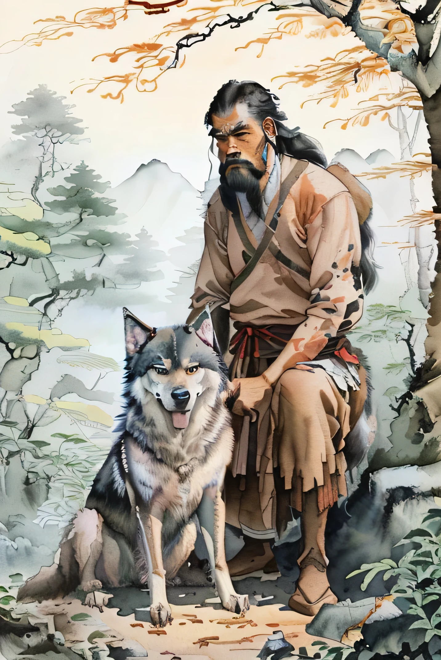 Primitive man with Wolfdog，（A Neanderthal squatting：1.4），Prehistoric humans，A man and a dog，Human hand holding a spear，Guarded posture，Be prepared，Wolfdog walks forward，Illustration Art，（Wolfdog：1.31）Forest background，plant，bush，author：Randolph Caldecott, (Watercolor, masterpiece, Line Art, Illustration Art, Professional line art, Super complex and detailed, Chinese painting，8K:1.3)