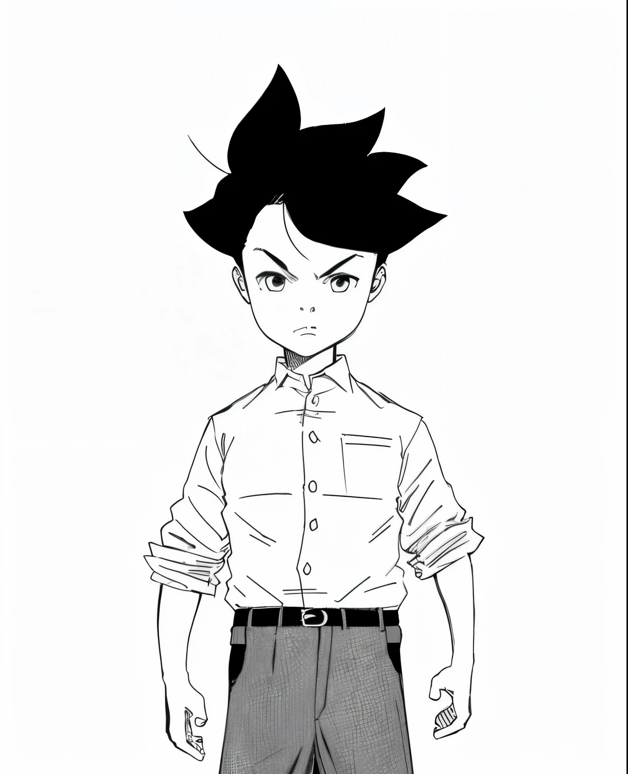 Boy, white eyes, black pants, white shirt