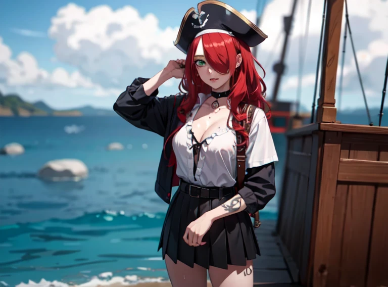 ((masterpiece, best quality, high resolution, UHD, pixel perfect, depth of field, 8k, RTX, HDR)), 1 girl, girl stile anime, cowboy shot, BREAK, very long hair, curly hair red hair, lock of hair covering one eye, green eyes, well defined eyes, high definition eyes, eyelashes and black shadow under the eyes, high gloss eyes, looking at the viewer, tricorn with a feather cap, pirate clothes, wearing pirate gun belt, wearing a red pleated miniskirt, miniskirt fluttering in the wind, black panties, wearing a white t-shirt, with a pronounced neckline, with tatto of skull in the arm, BREAK, oily skin, with a lot of sweat on the body, perfect anatomy, cleavage, neckline, big teats 1.7, small shark tattoo on the chest, ((wearing one patch in the eye)), blouse with white ruffles, with a neckline, with black boots, up to the knees, BREAK, wearing a black choker, standing facing viewer, holding a pirate sword, ((with a sword in his hand)), on a pirate ship with the sea in the background. 