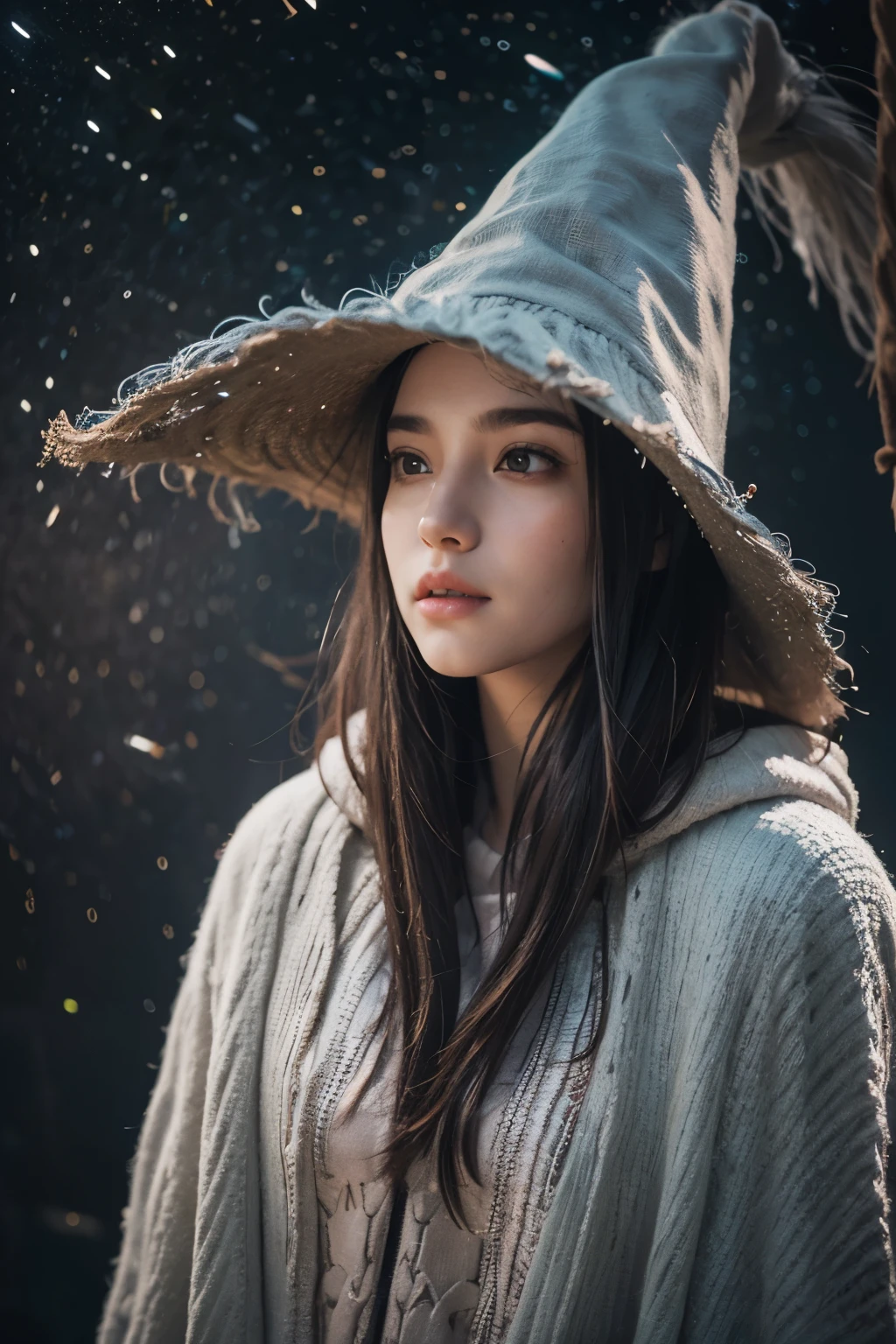 Araped woman wearing wizard hat and wizard gown, No makeup , without makeup, portrait of a girl, Profile picture, Use Instagram Filters, Subtle soft and dim light, magic school, perfect face, julia sardinian, broomstick, night sky, Milky Way,  looking straight ahead, 