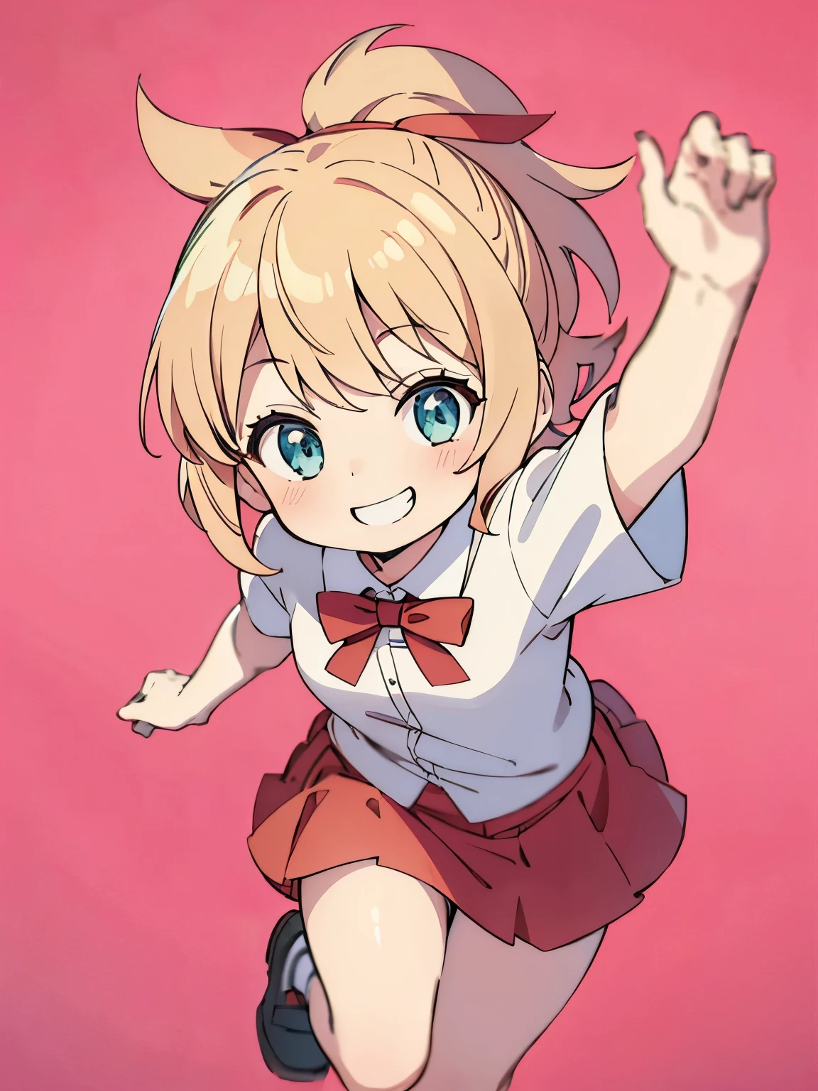 1girl,6 years old,blonde hair,Running, smiling ,blonde hair,short hair, blue eyes,White shirt,Short sleeves shirt, red bow tie, red short skirt, red ribbon ponytail,very short hair, side bangs,ultra detail, ultra HD