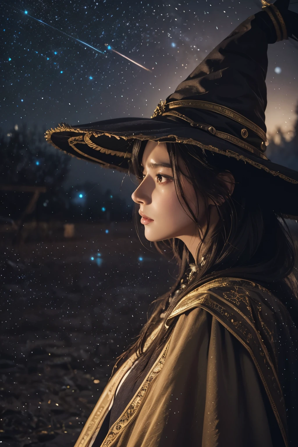 Araped woman wearing wizard hat and wizard gown, No makeup , without makeup, portrait of a girl, Profile picture, Use Instagram Filters, Subtle soft and dim light, magic school, perfect face, julia sardinian, broomstick, night sky, Milky Way, looking straight ahead,