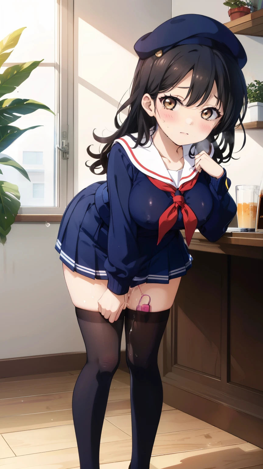 2 girls, by 2 person, Girl's brown eyes, black hair, medium long hair, Inward roll、(Navy blue sailor suit:1.4),indoors, Cafe、very big breasts、publish one'chest of、Naked things'chest of、blush、embarrassing、scary face、I'm worried、confused face、a large amount of breast milk comes out of the nipples,、Breast milk gushes from the nipple、very short skirt、micro mini skirt、female shape'Private parts are clearly visible、vibrator in thighhighs、The crotch is wet with love juice、leaning forward、Massage the breasts、Looks painful、Full body portrait