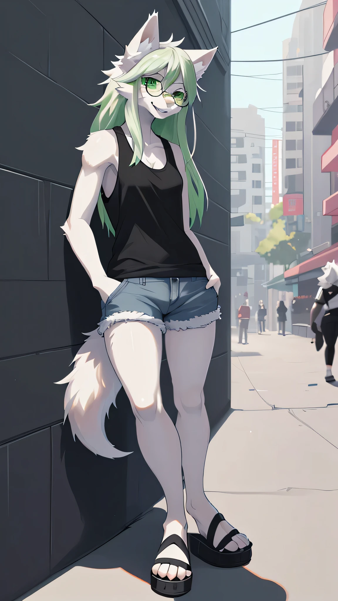 Solo:1.2, By claweddrip, by hyattlen, by fumiko, a cute female gray wolf, long hair, white green hair, green eyes, long white whiskers, cute gray tabby wolf ears, gray tabby wolf tail, tall, slender, wearing Jean shorts, absolute territory, scuffed black flip flops, green tank top, hands in pockets, large round clear glasses, high quality, fluffy ear tips, looking_away:1.3, leaning on a wall, in a vibrant city street, smiling, wolf teeth, full body in frame