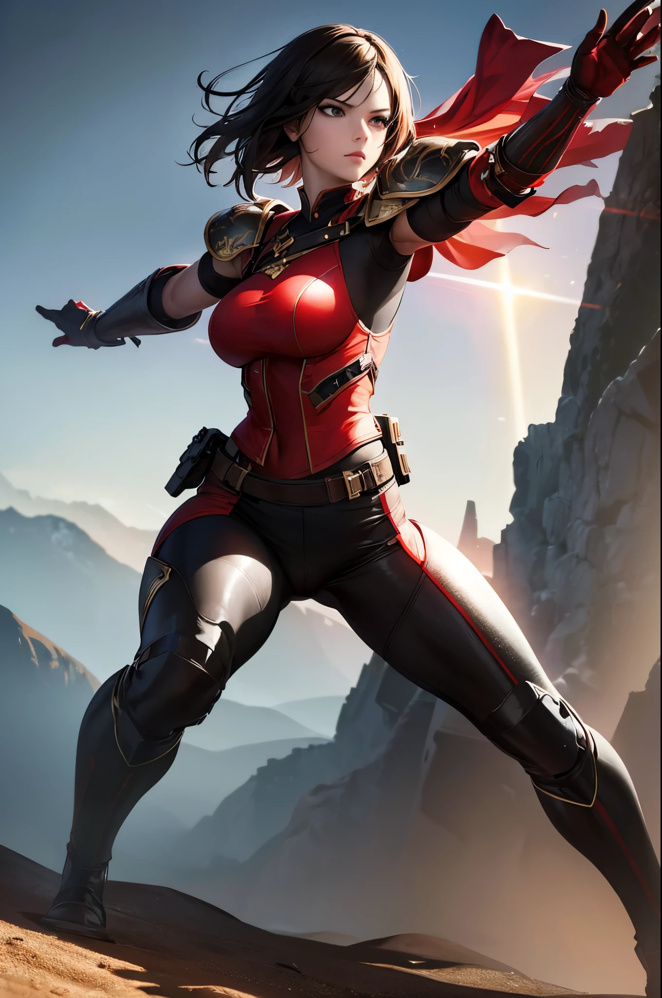 8k,Barren Land,女性adventure者の衣装,Traveling through the dusty wilderness,Light brown short hair,so beautifulな日本の女性, Red and black large chest armor,so beautiful(Like the real thing),Stainless steel and black shoulder armor for the left shoulder,red and black combat pants,sexy,DeviantArt Artstation CGScosiety, 3DレンダリングCharacter Art8 K, Alena Aenami and Artgerm, Wojtek Fass, Artstation 8k Trends, Art Station HD Trending, Ultra-realistic rendering of adventure, Perfect body with realistic shading, Photorealistic perfect body, Ultra-high resolution,high quality,sexy,Brown short hair,Strongly defined abdominal muscles,Muscular and slim body,Muscular and lean lower body,close,masterpiece,最high qualityのフォトリアリスティックなRAW写真。Bright colors,Rich colors, Backlight, Cinema Lighting, Film Grain, to be born, 50mm lens, Nikon D850,Realistic Skin,Fantasy art,Character Art,Sharp Eyes,adventure,He has a long and big Japanese sword.,brown combat jacket,red and black gauntlets,Battle Scenes,Dynamic pose,Action pose,shout,big breasts