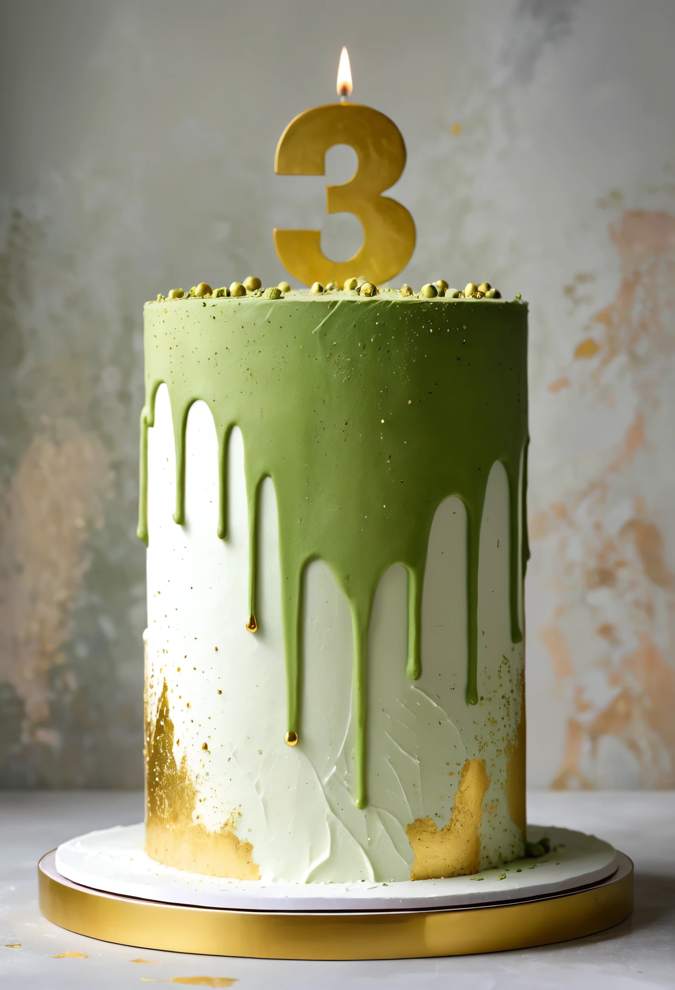 White cake,delicious,Matcha powder,Minimalist Sculpture,3D, Portrait blush on cake,Rough surface,Surface patterns and textures,Surface scratches,Granular,Birthday candles on the cake,Gold foil