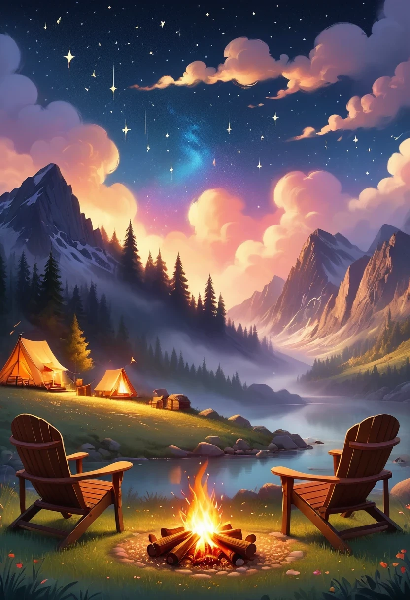 (a cozy campfire), (best quality, highres, vivid colors), (warm, inviting atmosphere), (crackling sound), (camping trip), (relaxation and warmth), (nighttime gathering), (friends and family), (marshmallow roasting), (twinkling stars), (softly glowing embers), (comforting campfire scent), (crackling wood sounds), (dancing flames), (shadows flickering on faces), (peaceful ambiance), (roasting sticks), (ghost stories), (camping chairs), (s'mores and hot cocoa), (nighttime sky), (serene outdoors), (bright and glowing), (void of stress), (unwinding after a long day), (sparks flying), (relaxing under the stars), (tranquil and serene), (warming up on a chilly night), (toasting marshmallows), (enjoying the simple things), (campfire conversations), (creating lasting memories), (gathering around the fire), (cracking logs), (pleasant crackling sound), (enjoyment of nature), (comforting warmth), (rustic camping experience), (connecting with nature), (cozy and inviting), (camping essentials), (flickering firelight), (crackling flames), (sense of camaraderie).
