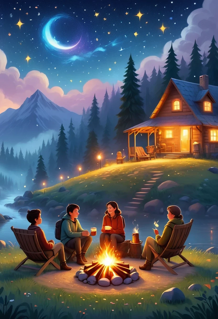 (a cozy campfire), (best quality, highres, vivid colors), (warm, inviting atmosphere), (crackling sound), (camping trip), (relaxation and warmth), (nighttime gathering), (friends and family), (marshmallow roasting), (twinkling stars), (softly glowing embers), (comforting campfire scent), (crackling wood sounds), (dancing flames), (shadows flickering on faces), (peaceful ambiance), (roasting sticks), (ghost stories), (camping chairs), (s'mores and hot cocoa), (nighttime sky), (serene outdoors), (bright and glowing), (void of stress), (unwinding after a long day), (sparks flying), (relaxing under the stars), (tranquil and serene), (warming up on a chilly night), (toasting marshmallows), (enjoying the simple things), (campfire conversations), (creating lasting memories), (gathering around the fire), (cracking logs), (pleasant crackling sound), (enjoyment of nature), (comforting warmth), (rustic camping experience), (connecting with nature), (cozy and inviting), (camping essentials), (flickering firelight), (crackling flames), (sense of camaraderie).