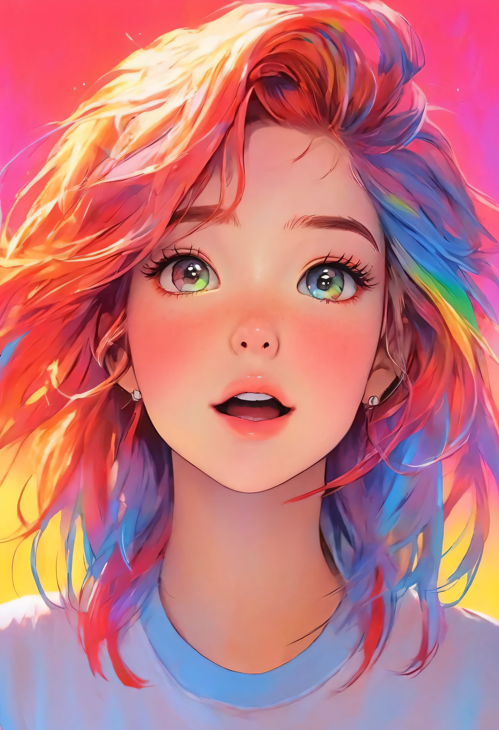 anime ,Realistic ,sketch , 1 girl, ************,lip, T-Shirts,order, Red gradient background, Neon Hair,textured crop, Canadian , (masterpiece,highest quality,Rainbow Style)、Looking up from below、best masterpiece、