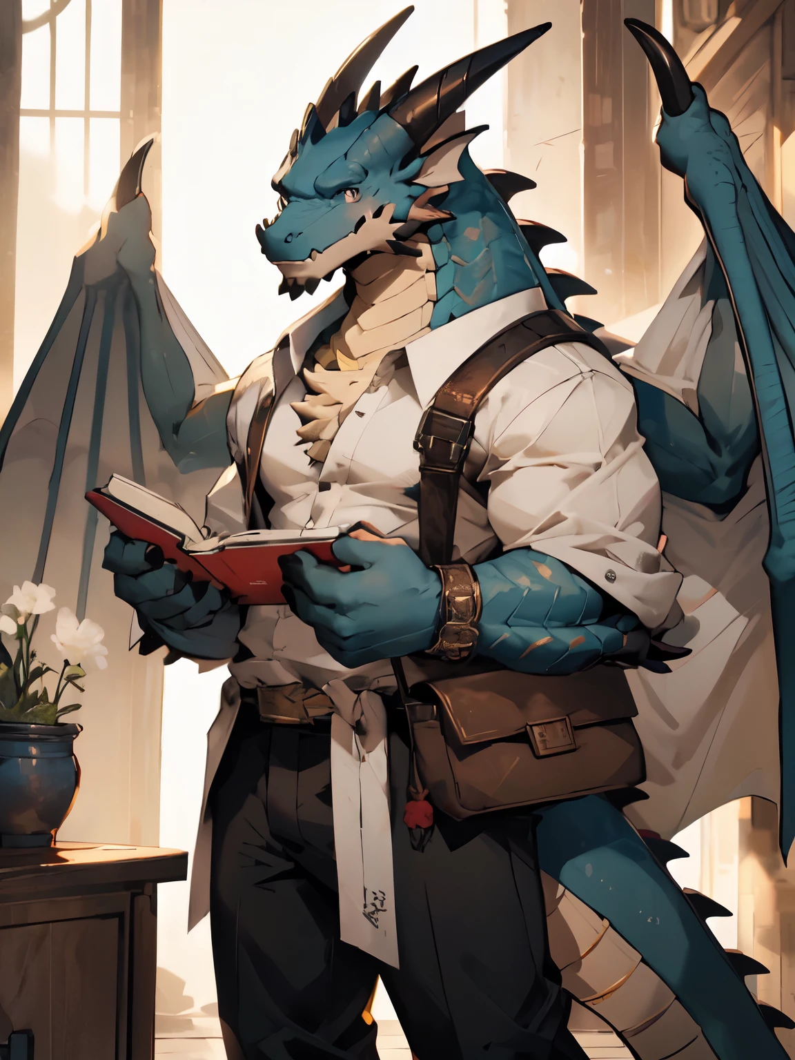 anatomy, human nature,((红白色dragon| red and white | black eyes)),((一双黑色of角)), (dragon:1.2),With gold glasses,完美ofblack eyes,年轻of,male, of,站在在讲立of,cannon, 肌肉丰满of,认真of,肌肉发达of身体, 强壮of身体,machismo,Book in hand,Smile,On the podium,(Ultra Detailed),锐利of焦点,,hip expansion,(展示自己of肱二头肌),Behind him is the blackboard,Study seriously,teacher,尾巴of眼睛,((No clothes,Wearing black trousers),Small drum kit,Difficulty moving,脸上of粉色腮红,dragon尾巴 ,By Bei Bei Bei Bei, by zackary911