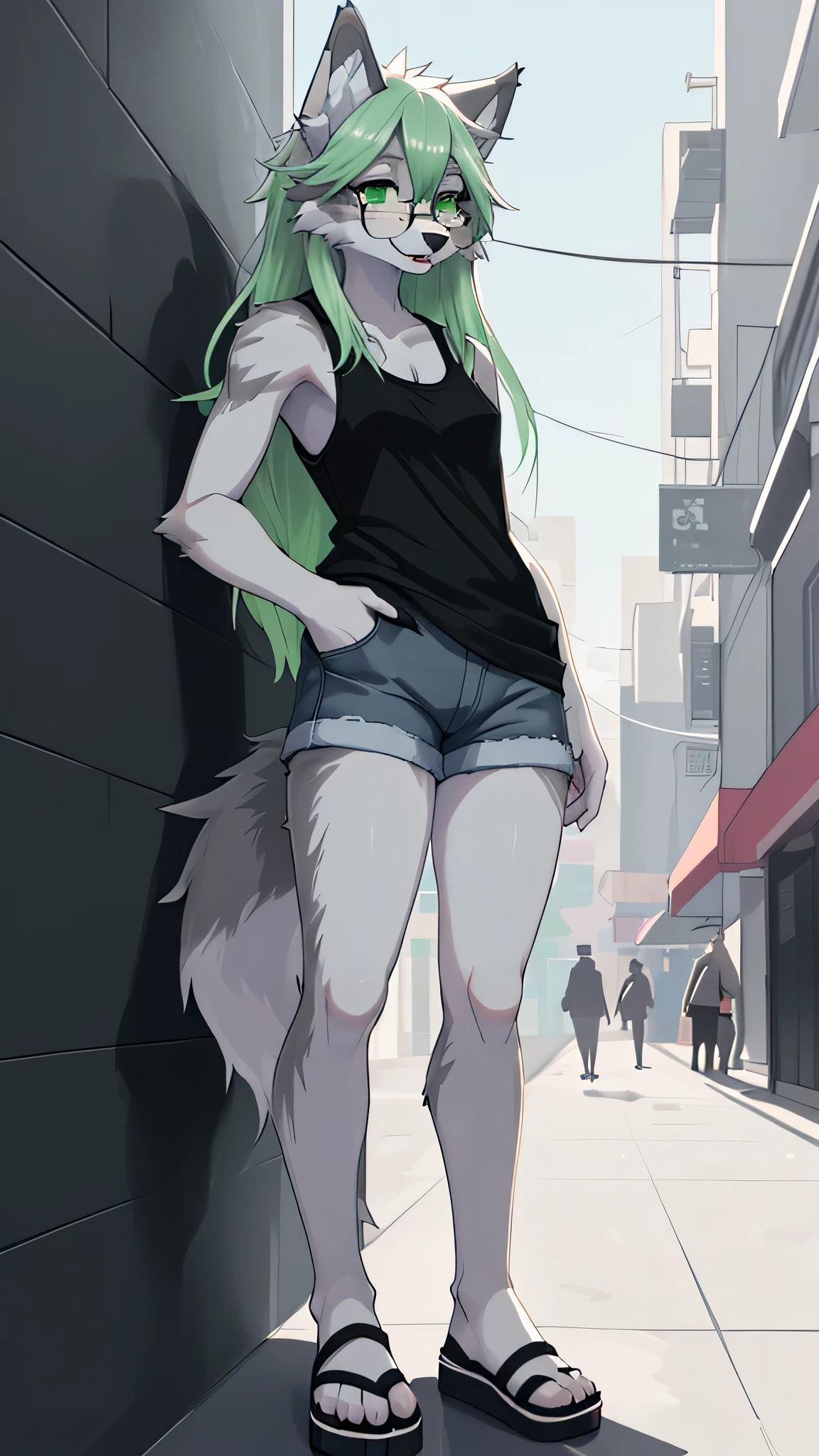 Solo:1.2, By claweddrip, by hyattlen, by fumiko, a cute female gray wolf, long hair, white green hair, green eyes, long white whiskers, cute gray tabby wolf ears, gray tabby wolf tail, tall, slender, wearing Jean shorts, absolute territory, scuffed black flip flops, green tank top, hands in pockets, large round clear glasses, high quality, fluffy ear tips, looking_away:1.3, leaning on a wall, in a vibrant city street, smiling, wolf teeth, full body in frame