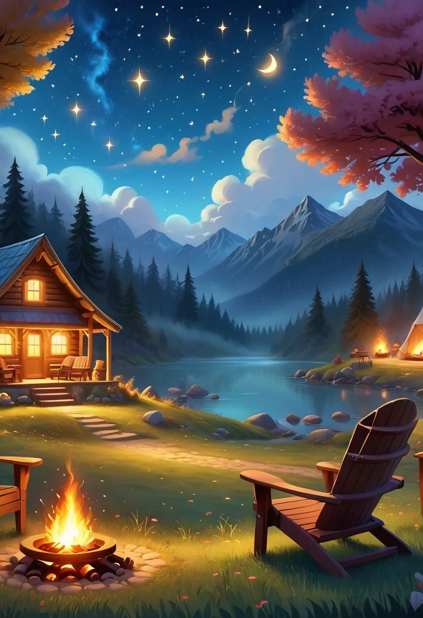 (a cozy campfire), (best quality, highres, vivid colors), (warm, inviting atmosphere), (crackling sound), (camping trip), (relaxation and warmth), (nighttime gathering), (friends and family), (marshmallow roasting), (twinkling stars), (softly glowing embers), (comforting campfire scent), (crackling wood sounds), (dancing flames), (shadows flickering on faces), (peaceful ambiance), (roasting sticks), (ghost stories), (camping chairs), (s'mores and hot cocoa), (nighttime sky), (serene outdoors), (bright and glowing), (void of stress), (unwinding after a long day), (sparks flying), (relaxing under the stars), (tranquil and serene), (warming up on a chilly night), (toasting marshmallows), (enjoying the simple things), (campfire conversations), (creating lasting memories), (gathering around the fire), (cracking logs), (pleasant crackling sound), (enjoyment of nature), (comforting warmth), (rustic camping experience), (connecting with nature), (cozy and inviting), (camping essentials), (flickering firelight), (crackling flames), (sense of camaraderie).