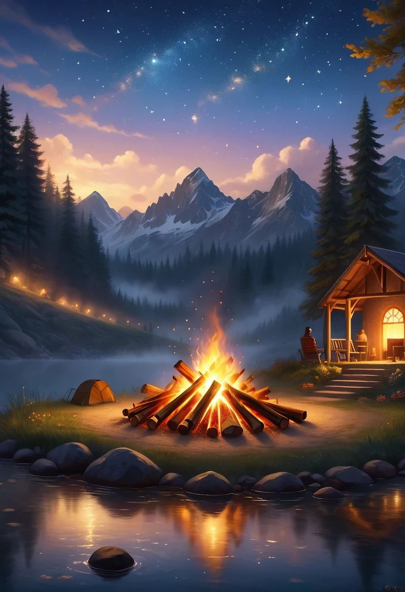 (best quality,highres,masterpiece:1.2),ultra-detailed,realistic,photorealistic:1.37,campfire,crackling flames,golden embers,flickering light,cozy warmth,natural surroundings,nighttime ambiance,serene atmosphere,dancing shadows,roasting marshmallows,starry sky,camping experience,smoky aroma,woodsy scent,magical glow,nature's orchestra,peaceful retreat,warm gathering,reflection on the water,campfire stories,melting stress away,hearth of the night,cosy conversations,silhouette of nature,tranquility in darkness,simple pleasures,sharing moments,smooth crackling sound,flickering warmth,deep connection,flames in the wilderness,intimate moments with loved ones,fire's gentle allure,relaxing getaway,gentle crackles and pops,curiosity captured in light,mesmerizing dance of fire and air