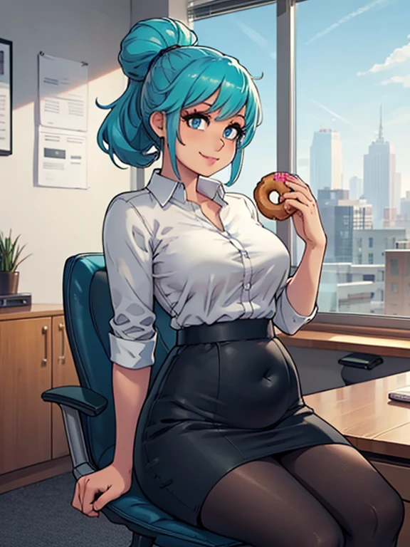 art by kipteitei, 1girl, (aqua blue hair), hair up, blue eyes, black pencil skirt, dress shirt, (black tights), happy expression, (skinny), [stuffed belly], (holding donut), sitting in office chair, leaning back in chair, fancy office background with lots of windows, (cowboy shot), (best quality, masterpiece)
