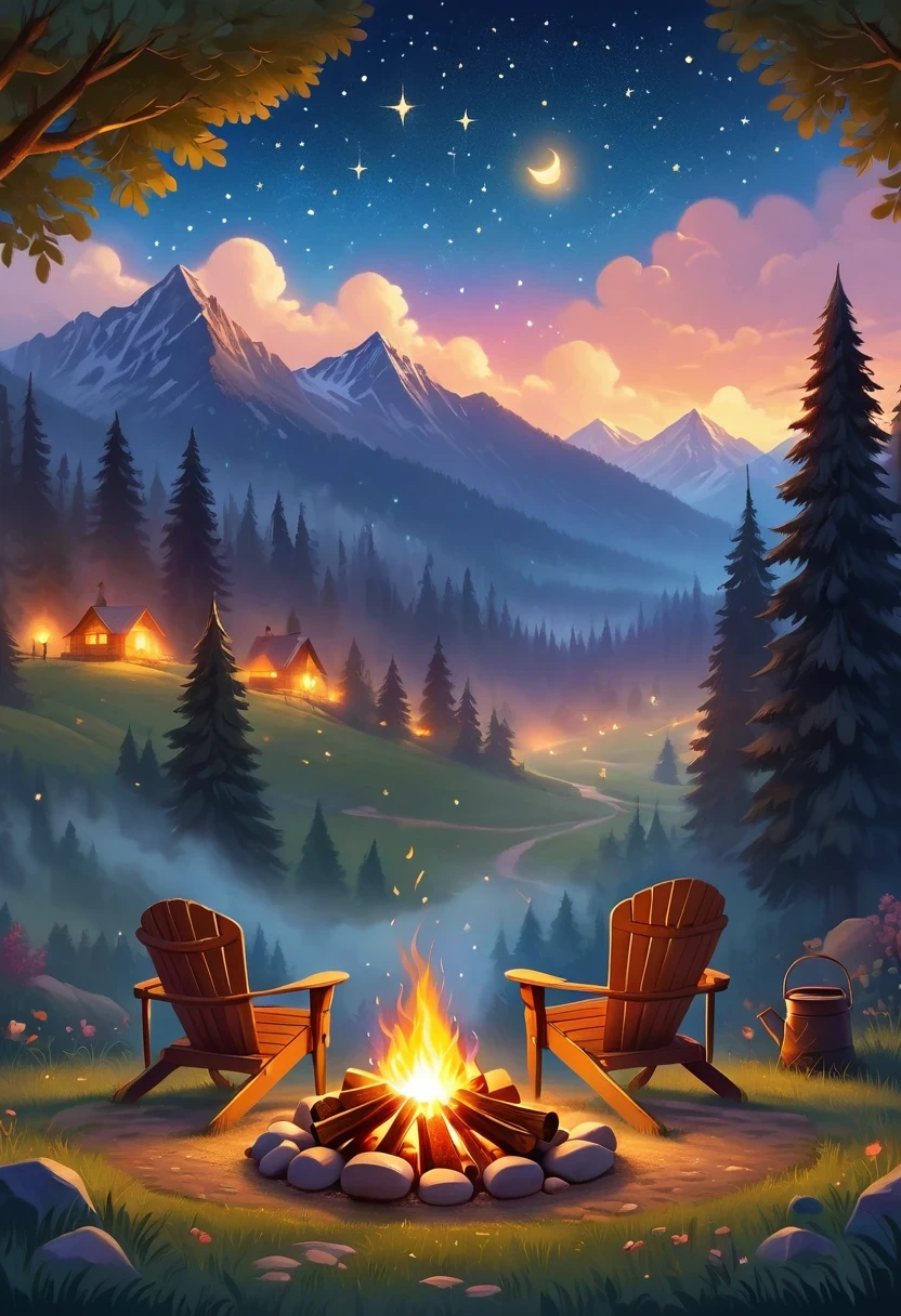 (a cozy campfire), (best quality, highres, vivid colors), (warm, inviting atmosphere), (crackling sound), (camping trip), (relaxation and warmth), (nighttime gathering), (friends and family), (marshmallow roasting), (twinkling stars), (softly glowing embers), (comforting campfire scent), (crackling wood sounds), (dancing flames), (shadows flickering on faces), (peaceful ambiance), (roasting sticks), (ghost stories), (camping chairs), (s'mores and hot cocoa), (nighttime sky), (serene outdoors), (bright and glowing), (void of stress), (unwinding after a long day), (sparks flying), (relaxing under the stars), (tranquil and serene), (warming up on a chilly night), (toasting marshmallows), (enjoying the simple things), (campfire conversations), (creating lasting memories), (gathering around the fire), (cracking logs), (pleasant crackling sound), (enjoyment of nature), (comforting warmth), (rustic camping experience), (connecting with nature), (cozy and inviting), (camping essentials), (flickering firelight), (crackling flames), (sense of camaraderie).