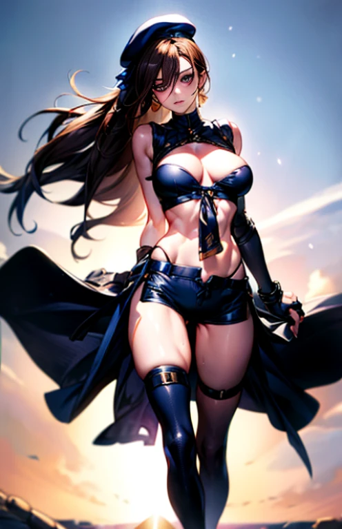 (Thynasha:1.2),(masterpiece:1.2), best quality, high resolution, unity 8k wallpaper, (illustration:0.8), (beautiful detailed eyes:1.0), extremely detailed face, perfect lighting, extremely detailed CG, (perfect hands, perfect anatomy),(1girl:1.0), (solo:1.0),very long hair,purple eyes, earrings,bare shoulders,,long hair,side ponytail,hair between eyes,bangs, load bearing vest,backpack,BREAK (beret, black jacket, open clothes, cleavage, midriff, black shorts, black thighhighs, thigh strap, fingerless gloves, single glove:1.2), Photo,sharpness, F1.6 lens,hyper-realistic textures,spectacular light textures, Cinestil 800 Fashion Mechanics,(((Beautiful woman with left leg restrained and hung by chains))),Appearance,Beautiful girl with accentuated slender abs: 1.1,six-pack abs: 1.1, Bust Botox,Standing on tiptoe, long legs,Long brown hair fluttering in the wind,Brown hair, Long hair, Female Warrior Costume,(No panties,No bra),(tacticul battle fashion,elbow and knee tacticul battle fashion, battle glove: 1.1),((cute batre costume)),The belly comes out and the navel is visible,Thin sheer costume, combat gloves,shredded costumes,cyber long combat boots with golden knee pads,Anatomical,(futuristic sci-fi battle fashion, new elbow and knee cyberpads, new cyberlong boots, new cybergloves: 1.1),(tied perfectly by iron chain), Restraint, Slave, collars, contempt, (Chained), 4 chains hung from heaven, Metallic shackles and fetters, wet crotch clearly visible,((Hands are restrained above the head)), the neck is chained,Chain from left knee to heaven,Chained by rusty iron chains,((the tip is protruding, areolas protruding,The shape of the pubic harearea is clearly visible:1.2)),Sweating,Wet,Wet crotch,Wet thighs,Junkyard, Realistic, (cute, perfect clothes, skimpy clothes, cute: 1.3) ,Vast miritary base in us,((wide mirtary hospital with summer sunlight)), peeling ceilings, Rebar between, Realistic material details, Extreme details, Ultra-realistic materials,na