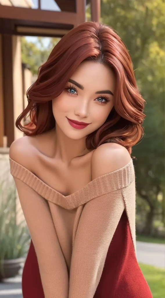 yes locking onto the viewer with a gentle smile. Clad in an off-shoulder brown sweater dress, Her striking red hair, immersed in the serenity of nature, posing effortlessly for a photograph. Her dark eyebrows add definition to her features, while her red lips stand out against her pale complexion,