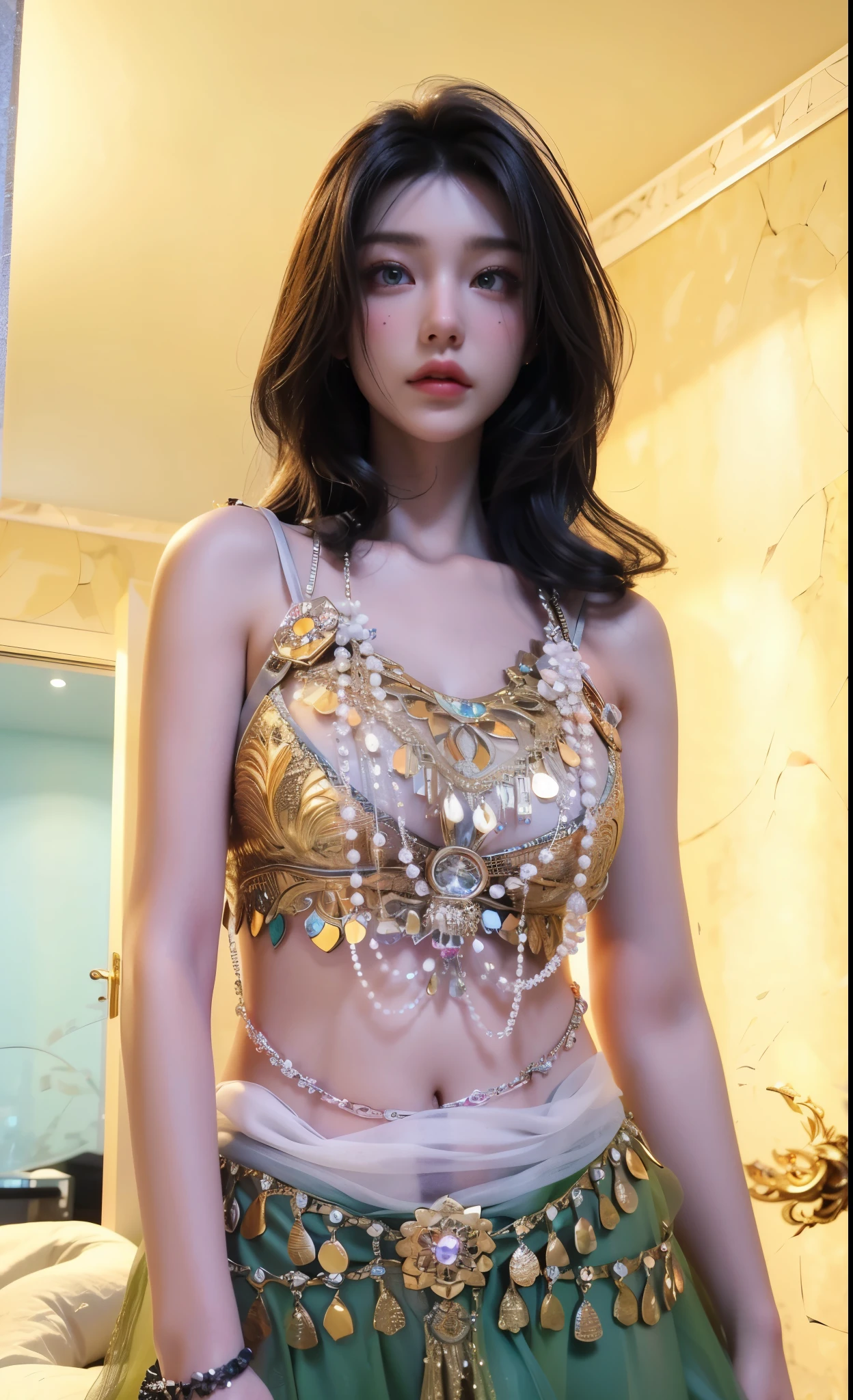 ((Top Quality, 8k, Masterpiece: 1.3)), solo, 1 girl, sexy, Beautiful girl with accentuated slender abs: 1.4, (Random hairstyle, flat breasts: 1.2), Ultra detailed face, detailed eyes, double eyelids, Selfie, (body builder:0.8),(beautiful small hard nipple:1.4),(white microbikini without bra-pad),(spread legs:1.2),on the gold bed,(shiny skin:1.2),(muscle arm:1.3),(muscle leg:1.3),(lie down:0.8),(blonde hair:1.0),necklace,(earrings:1.3),(bun hair:1.3),(bracelet:1.3),(gorgeous jewels:1.8)