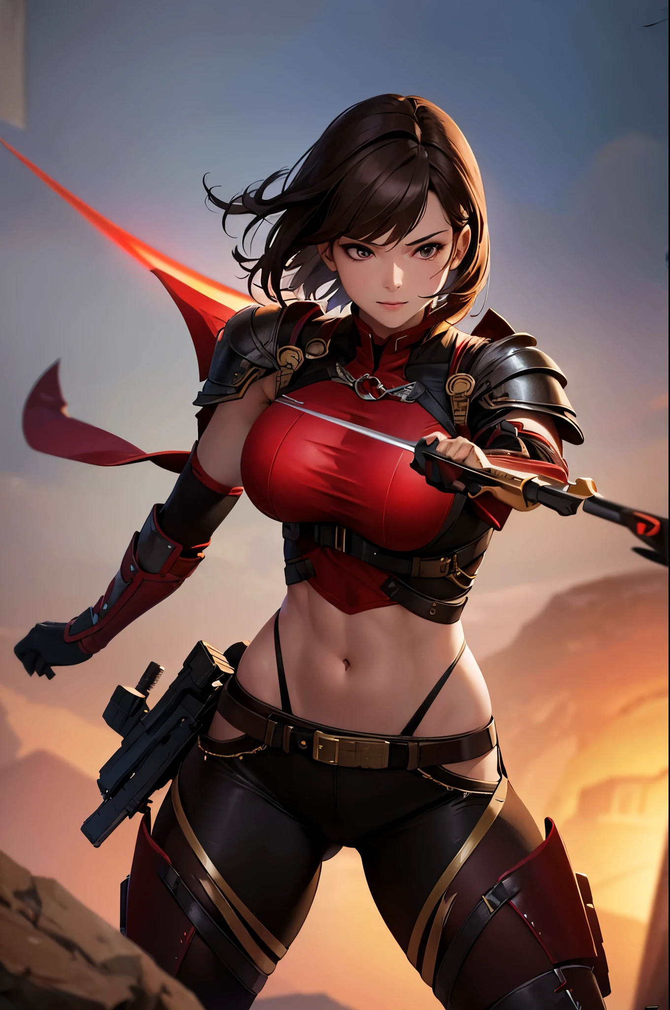 8k,Barren Land,女性adventure者の衣装,Traveling through the dusty wilderness,Light brown short hair,so beautifulな日本の女性, Red and black large chest armor,so beautiful(Like the real thing),Stainless steel and black shoulder armor for the left shoulder,red and black combat pants,sexy,DeviantArt Artstation CGScosiety, 3DレンダリングCharacter Art8 K, Alena Aenami and Artgerm, Wojtek Fass, Artstation 8k Trends, Art Station HD Trending, Ultra-realistic rendering of adventure, Perfect body with realistic shading, Photorealistic perfect body, Ultra-high resolution,high quality,sexy,Brown short hair,Strongly defined abdominal muscles,Muscular and slim body,Muscular and lean lower body,close,masterpiece,最high qualityのフォトリアリスティックなRAW写真。Bright colors,Rich colors, Backlight, Cinema Lighting, Film Grain, to be born, 50mm lens, Nikon D850,Realistic Skin,Fantasy art,Character Art,Sharp Eyes,adventure,He has a long and big Japanese sword.,brown combat jacket,red and black gauntlets,Battle Scenes,Dynamic pose,Action pose,shout,big breasts,Close-up,