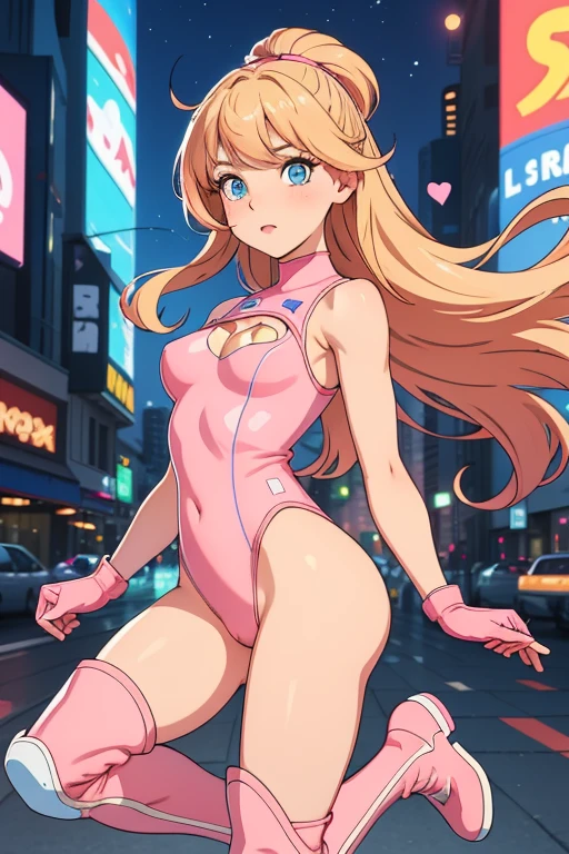 masterpiece, best quality, highres, 1girl, solo, superhero, leotard, bare legs, matching boots, sleeveless, looking at viewer, light particles, city backdrop, perfect hands, perfect eyes, perfect leotard, perfect legs, perfect arms, perfect fingers, medium breasts, pink leotard, standing, blonde hair, long hair, knee boots, blue eyes, heart cutout, cute face, hair down, bangs, sleeveless, pink gloves, pink footwear, cleavage cutout,