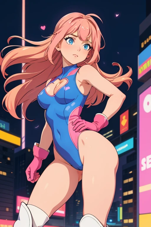 masterpiece, best quality, highres, 1girl, solo, superhero, leotard, bare legs, matching boots, sleeveless, looking at viewer, light particles, city backdrop, perfect hands, perfect eyes, perfect leotard, perfect legs, perfect arms, perfect fingers, medium breasts, pink leotard, standing, blonde hair, long hair, knee boots, blue eyes, heart cutout, cute face, hair down, bangs, sleeveless, pink gloves, pink footwear, cleavage cutout,